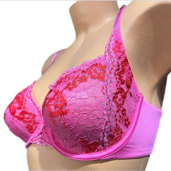 Victoria's Secret Rhinestone Embellished Lace Unlined bra Pink / Red 32DD - Picture 7 of 11